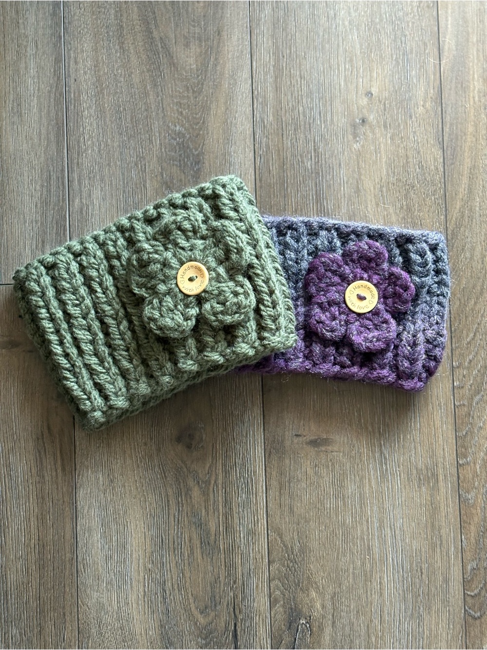 Chunky Olive Green Crochet Flower Headband with Wooden Accent